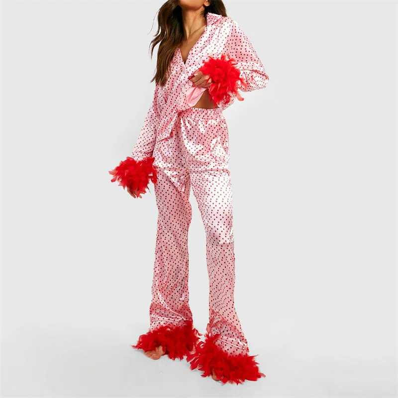 Y2K Heart Print Pajama Set - Feather Cuff Long Sleeve Top & Pants