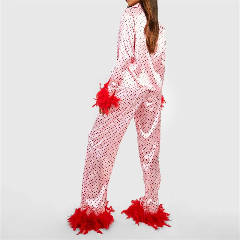 Y2K Heart Print Pajama Set - Feather Cuff Long Sleeve Top & Pants