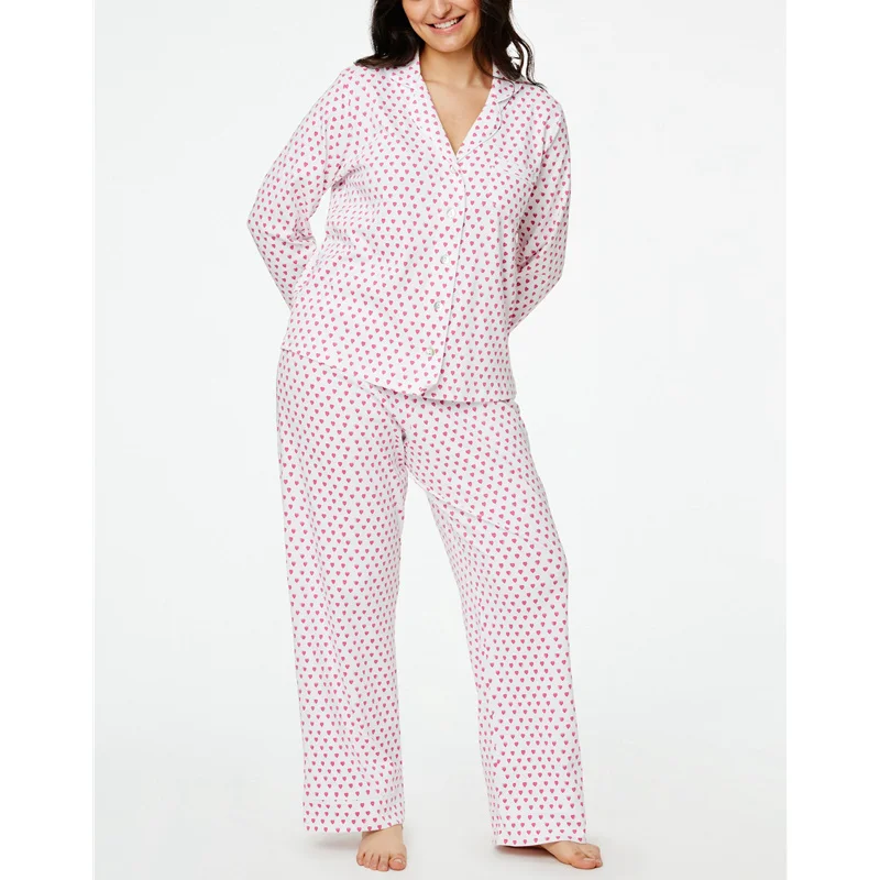 Y2K Heart Print Pajama Set - Single Breasted Shirt Top and Pants