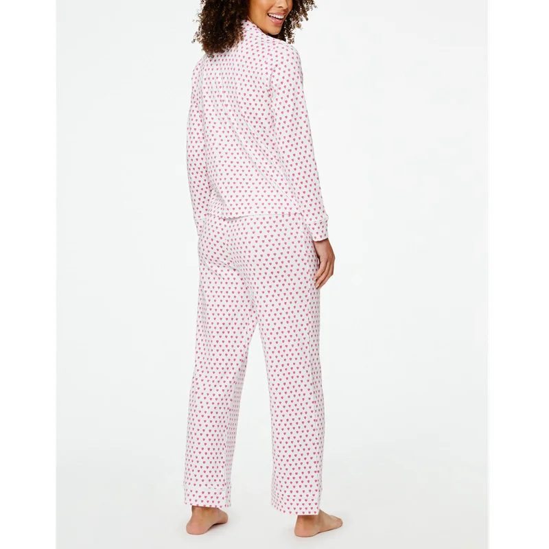 Y2K Heart Print Pajama Set - Single Breasted Shirt Top and Pants