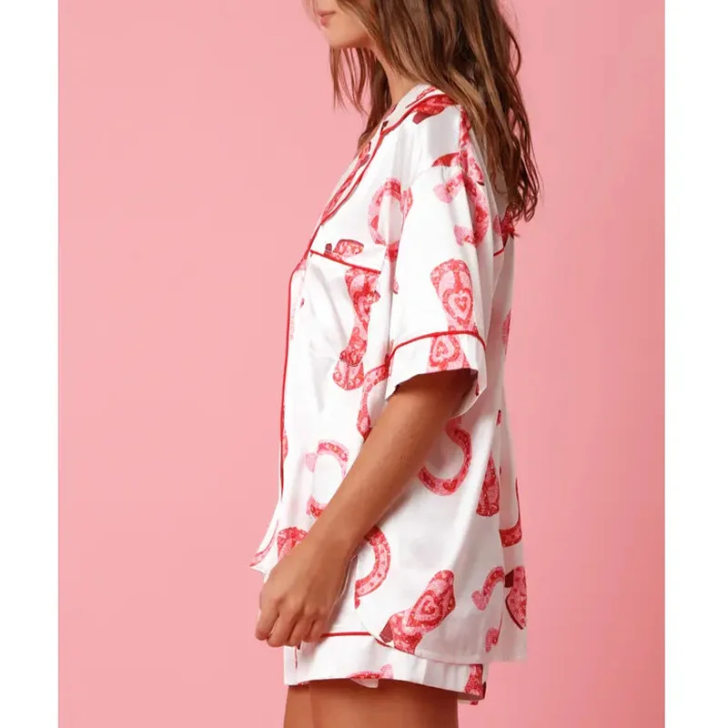 Y2K Heart Print Pajama Set: Short Sleeve Shirt Top & High Waist Shorts