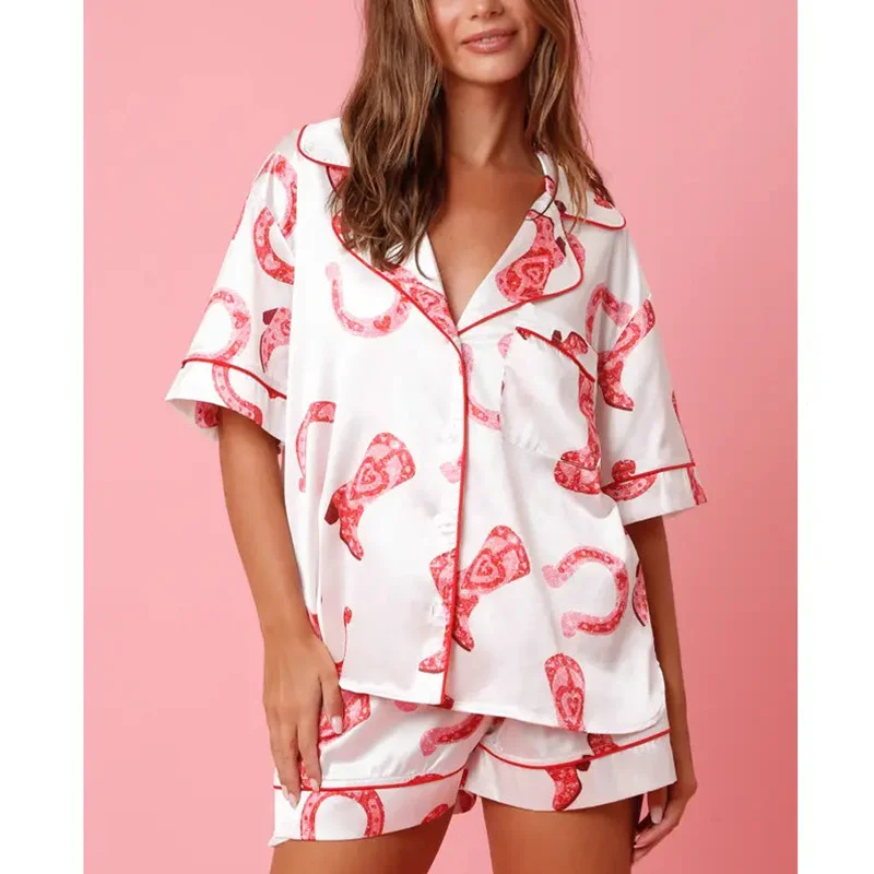 Y2K Heart Print Pajama Set: Short Sleeve Shirt Top & High Waist Shorts