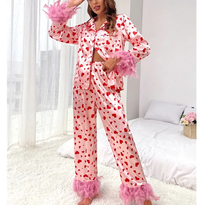 Y2K Heart Print Pajama Set with Feather Cuffs