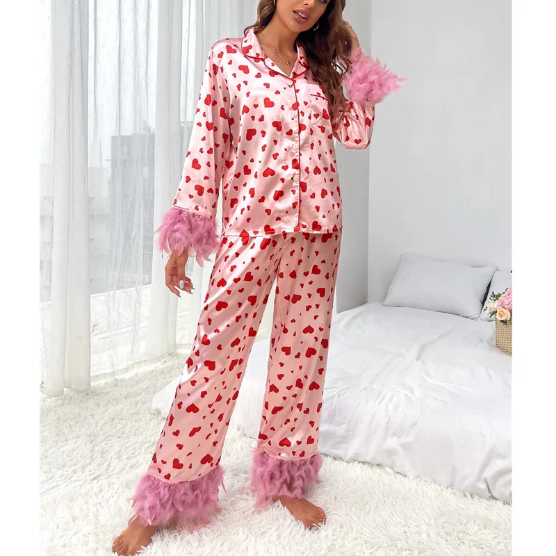 Y2K Heart Print Pajama Set with Feather Cuffs