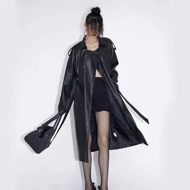 Y2K High-Quality PU Leather Long Jacket - Streetwear Windbreaker with Belt