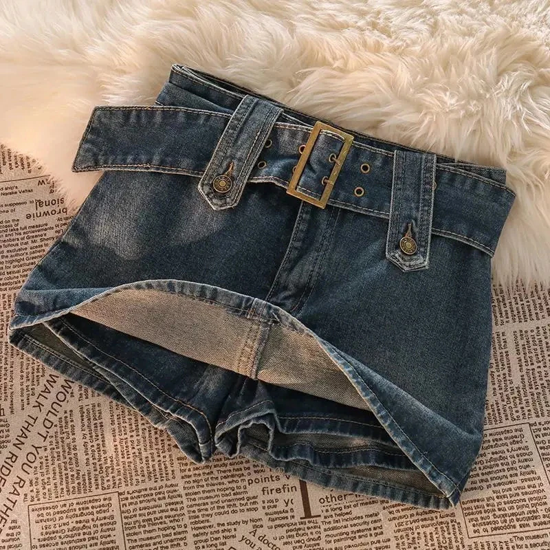 Y2K High Waist Belted Denim Mini Skirt - Vintage Streetwear Style