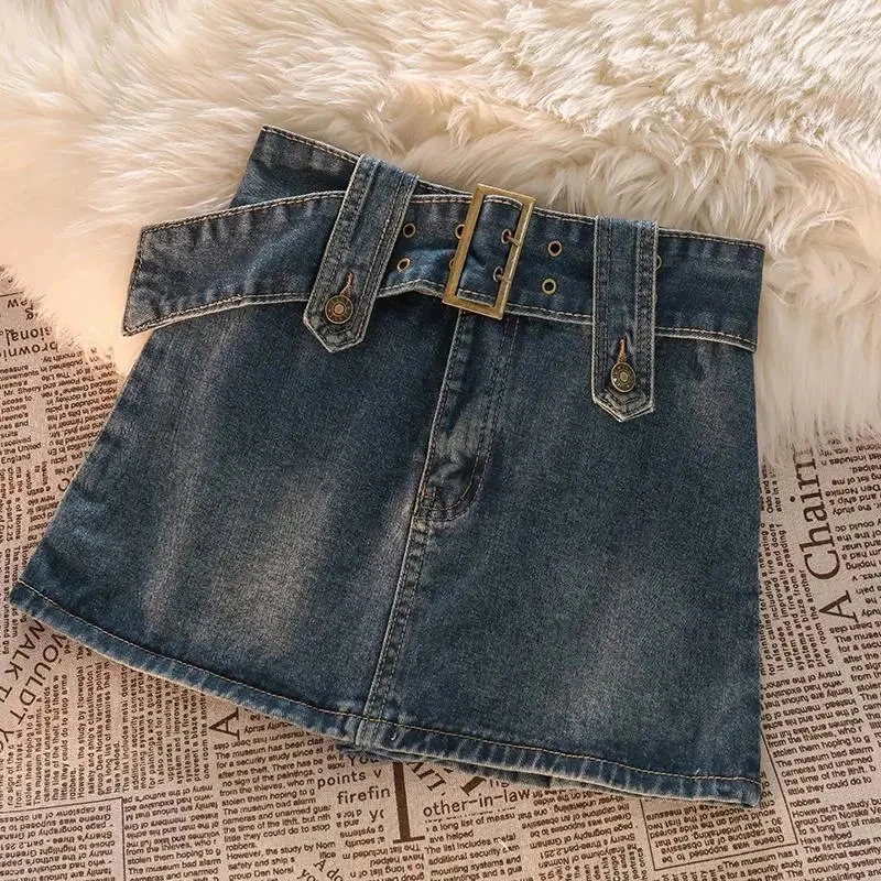 Y2K High Waist Belted Denim Mini Skirt - Vintage Streetwear Style