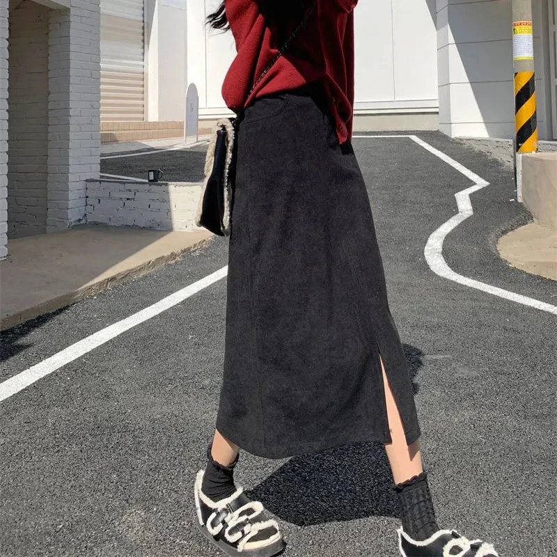 Y2K High Waist Corduroy Split Skirt - Autumn Winter Fashion