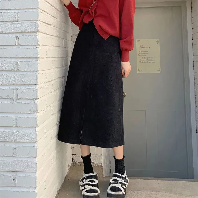 Y2K High Waist Corduroy Split Skirt - Autumn Winter Fashion