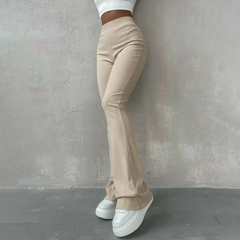 Y2K High-Waist Flared Hem Fashion Trousers - Solid Color