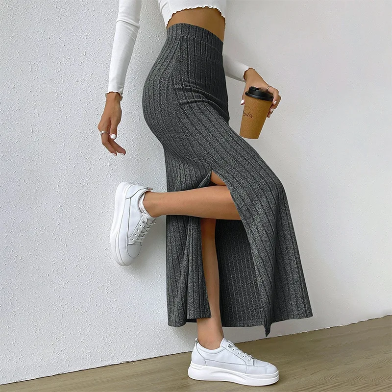 Y2K High Waist Knitted Skirt - Sexy Side Slit Elegant Solid Long Office Skirt