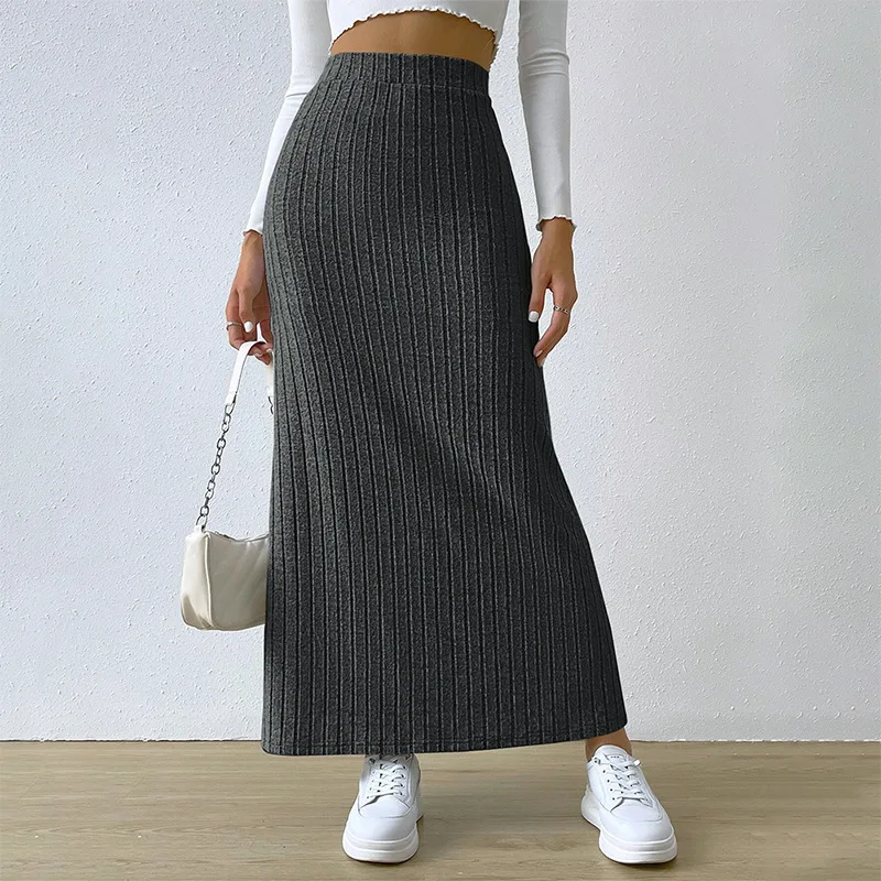 Y2K High Waist Knitted Skirt - Sexy Side Slit Elegant Solid Long Office Skirt