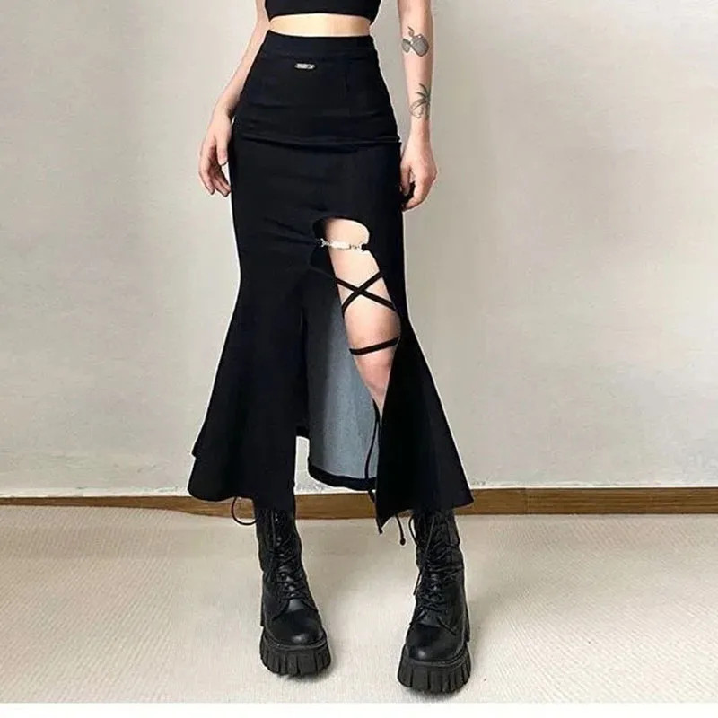 Y2K High Waist Mermaid Skirt - American Style Bandage Split Midi - Streetwear Fashion