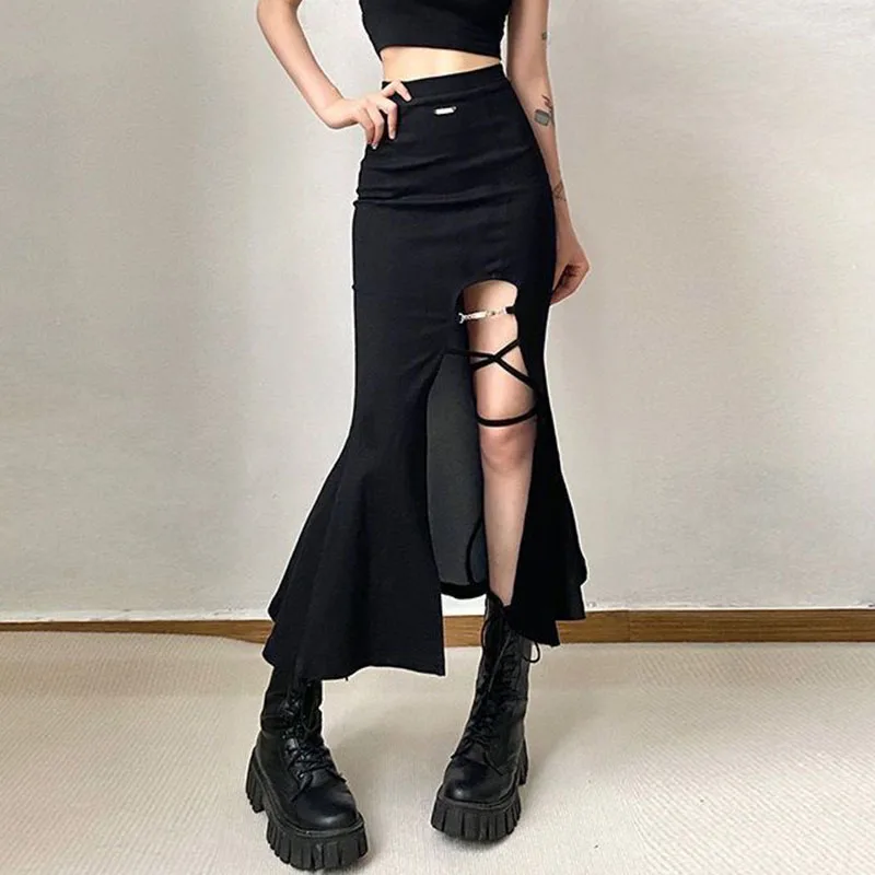 Y2K High Waist Mermaid Skirt - American Style Bandage Split Midi - Streetwear Fashion