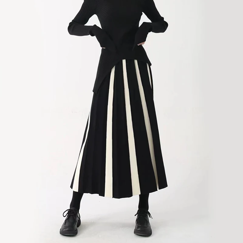 Y2K High Waist Patchwork Pleated Midi Skirt - Streetwear Chic A-Line Style