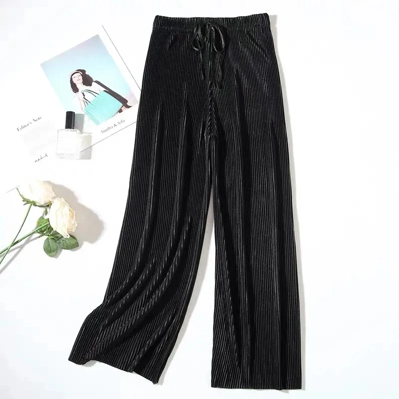 Y2K High Waist Pleated Ankle Pants - Black Casual Wide Leg Trouser