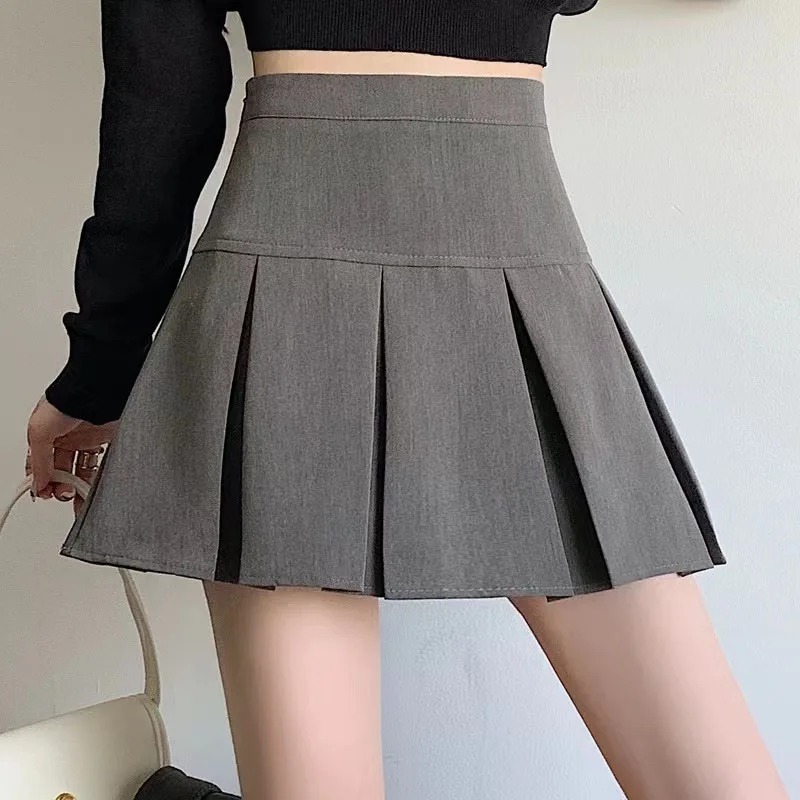 Y2K High Waist Pleated Skirt - Gray Solid Preppy A-Line Streetwear Mini Skirt