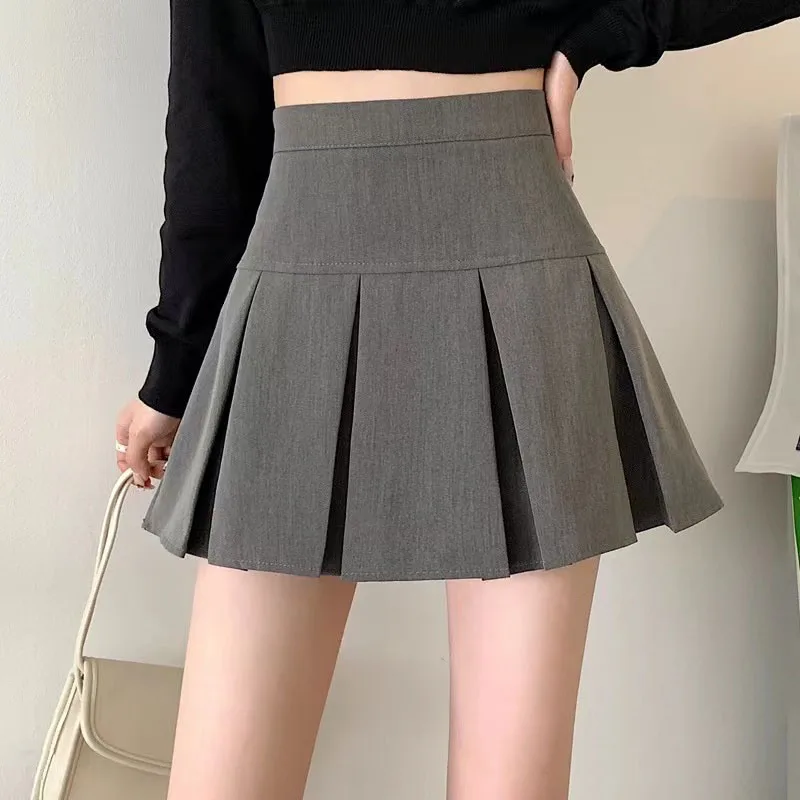 Y2K High Waist Pleated Skirt - Gray Solid Preppy A-Line Streetwear Mini Skirt