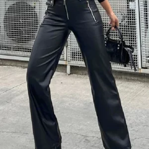 Y2K High Waist Pu Leather Zipper Pants - Black Straight Leg Casual Trousers