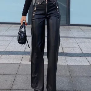 Y2K High Waist Pu Leather Zipper Pants - Black Straight Leg Casual Trousers