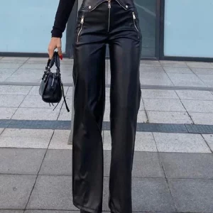 Y2K High Waist Pu Leather Zipper Pants - Black Straight Leg Casual Trousers