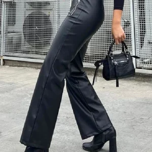 Y2K High Waist Pu Leather Zipper Pants - Black Straight Leg Casual Trousers