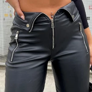 Y2K High Waist Pu Leather Zipper Pants - Black Straight Leg Casual Trousers