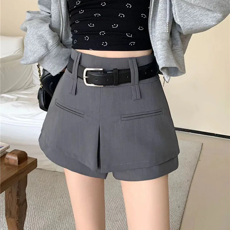 Y2K High Waist Suit Belt Shorts - Women's Summer A-Line Wide Leg Fashion Shorts