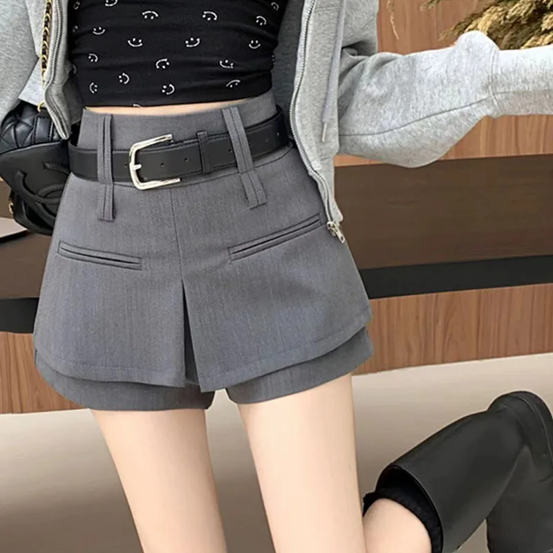 Y2K High Waist Suit Belt Shorts - Women's Summer A-Line Wide Leg Fashion Shorts