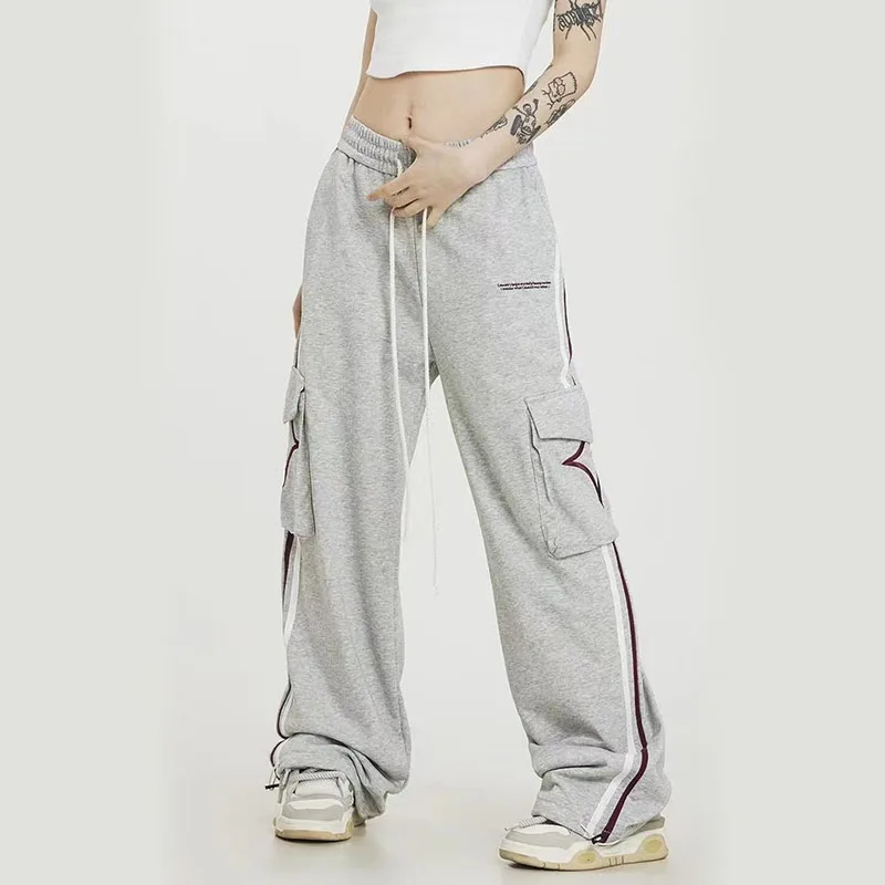 Y2K Hip Hop Stripe Cargo Pants - High Waist Streetwear Wide Leg Sweatpants