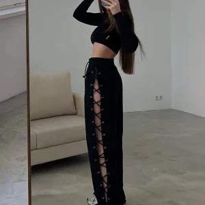 Y2K Hollow Out Bandage Sweatpants - High Waist Side Split Loose Straight Trouser