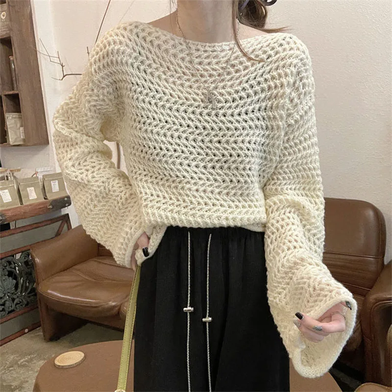 Y2K Hollow Out Knit Sweater - Sexy Korean Loose Pullover