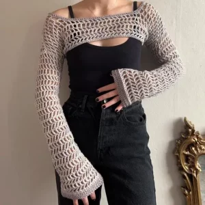 Y2k Hollow Out Knitted Bell Sleeve Crop Top - Vintage Grunge Fishnet Shirt