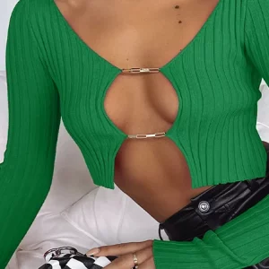 Y2K Hollow-Out Long Sleeve Crop Top - Ribbed Slim Fit Tee Shirt with Chain Detail