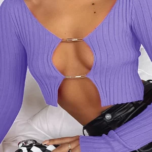 Y2K Hollow-Out Long Sleeve Crop Top - Ribbed Slim Fit Tee Shirt with Chain Detail