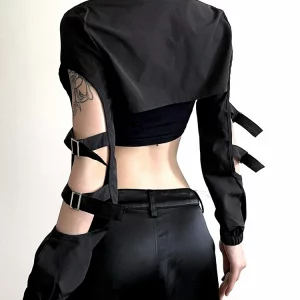 Y2K Hollow Out Techwear Cargo Cardigan - Cyber Gothic Zip-Up Crop Jacket