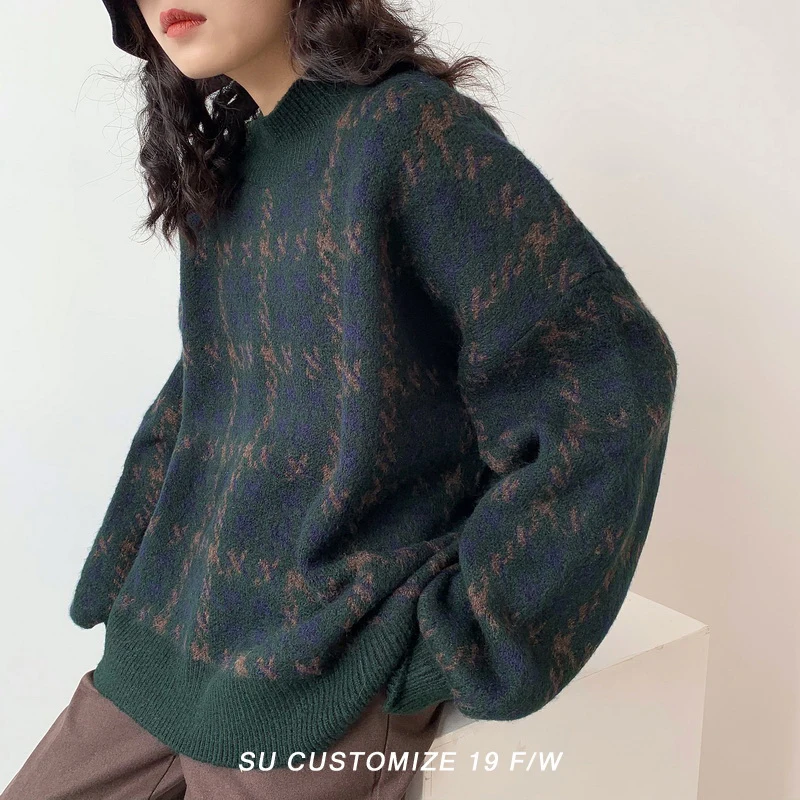 Y2K Houndstooth Knitted Sweater - Vintage Casual O Neck Jumper