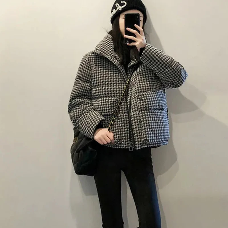 Y2K Houndstooth Puffer Jacket: Korean Winter Streetwear Coat