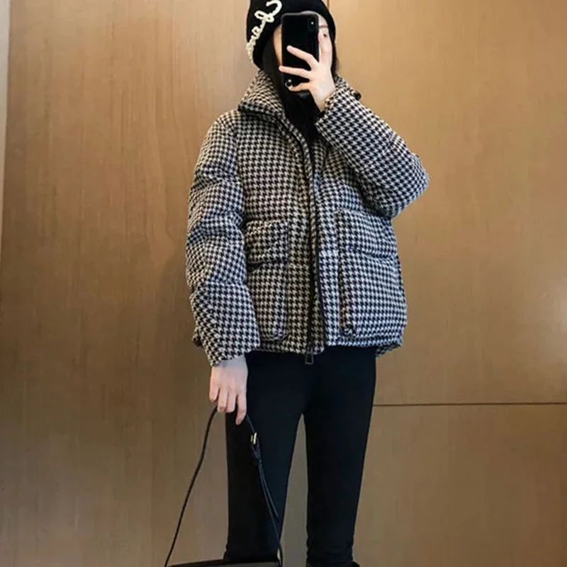 Y2K Houndstooth Puffer Jacket: Korean Winter Streetwear Coat