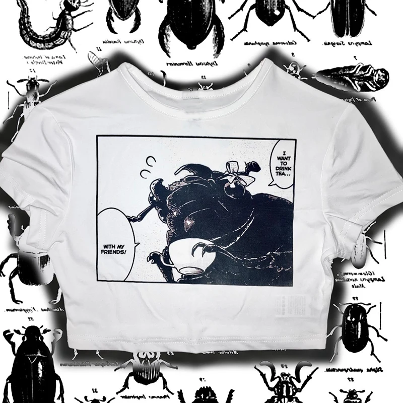 Y2K Insect Print Fairy Grunge Black Crop Top - Streetwear Harajuku Goth E-girls