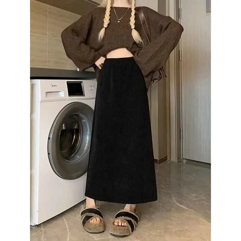 Y2K Inspired Corduroy Midi Skirt - Oversized High Waist Casual Streetwear