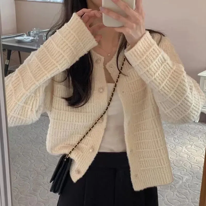 Y2K Inspired Knit Cardigan - Solid Color Loose Fit Crop Style - Elegant Preppy O Neck Sweater