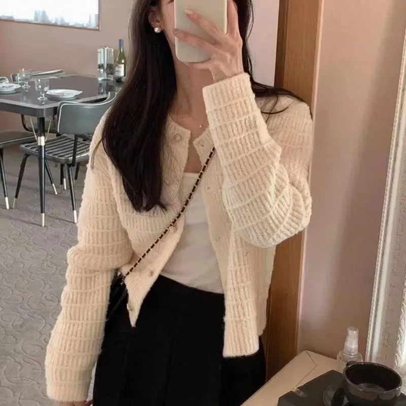 Y2K Inspired Knit Cardigan - Solid Color Loose Fit Crop Style - Elegant Preppy O Neck Sweater