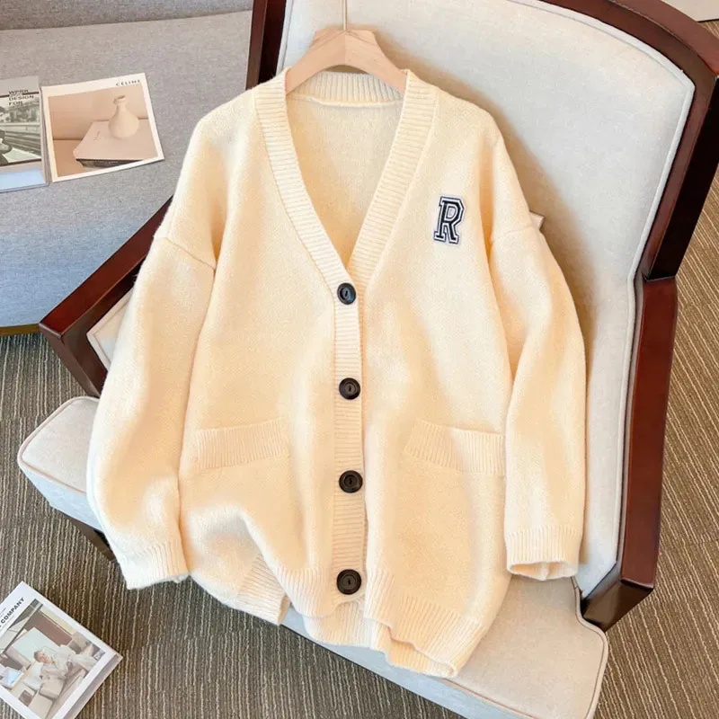 Y2K Inspired Knit Cardigan with Korean Letter Embroidery - Casual Streetwear Sweater