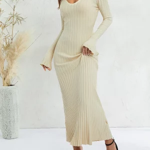 Y2K Inspired Knitted Flare Dress - V Neck A-Line Solid Color Ribbed Long Dress