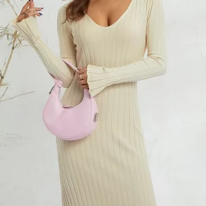 Y2K Inspired Knitted Flare Dress - V Neck A-Line Solid Color Ribbed Long Dress