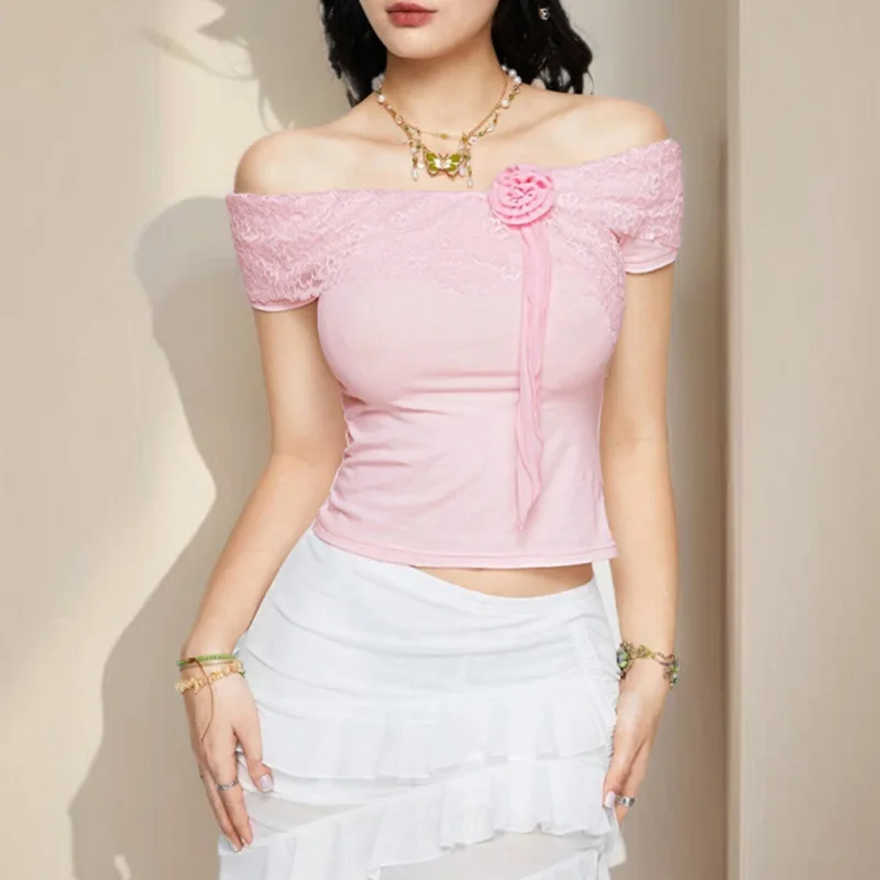 Y2K Inspired Pink Lace Trim Slash Neck Short Sleeve Tee - 2024 Summer Fashion