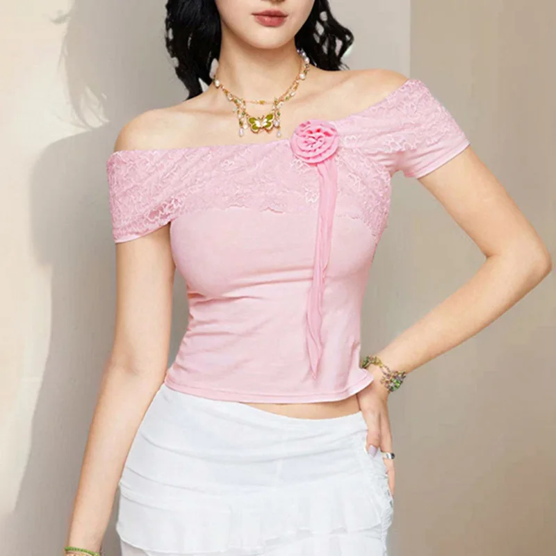 Y2K Inspired Pink Lace Trim Slash Neck Short Sleeve Tee - 2024 Summer Fashion