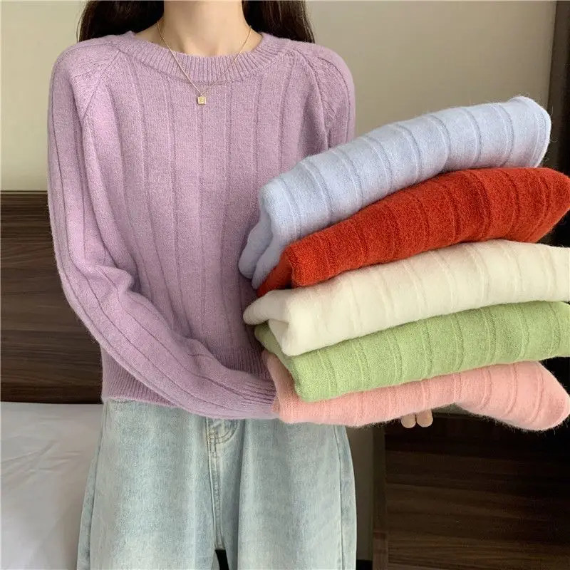 Y2K Inspired Purple Knit Sweater - Autumn White O-Neck Long Sleeve Casual Top