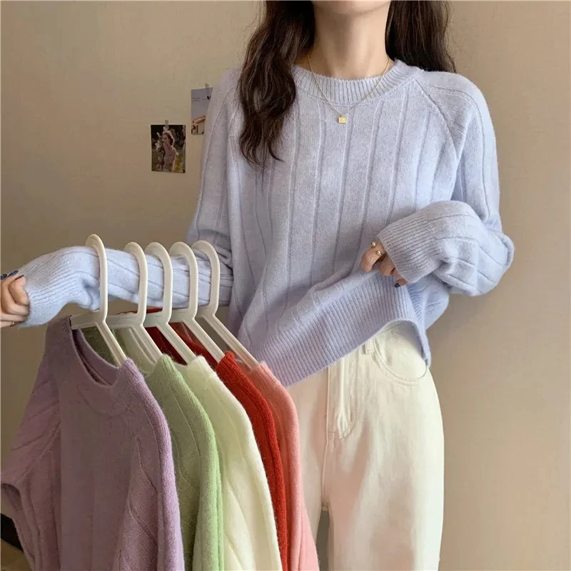 Y2K Inspired Purple Knit Sweater - Autumn White O-Neck Long Sleeve Casual Top